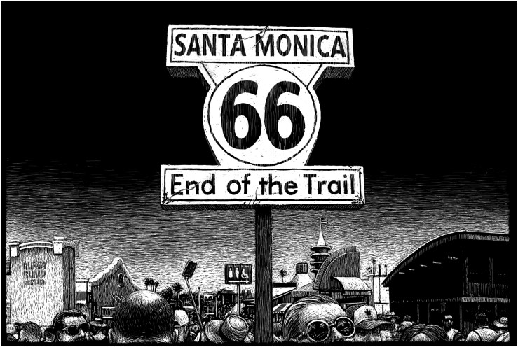 道路结束标志，圣莫妮卡码头，圣莫妮卡，加利福尼亚州